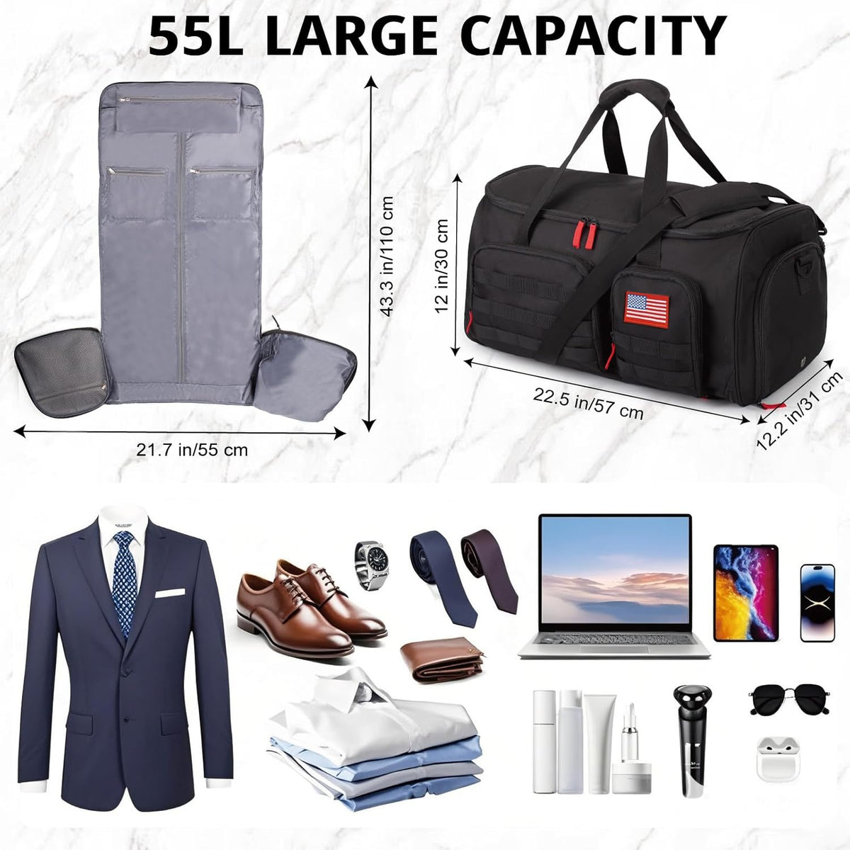 Duffle Bag for Men,Tactical Duffle Bags for Travel,55L Large Capacity Convertible Garment Bag With Shoes Compartment, Multi-functional Gym Bags Suit Bag for Traveling Workout Business Trip