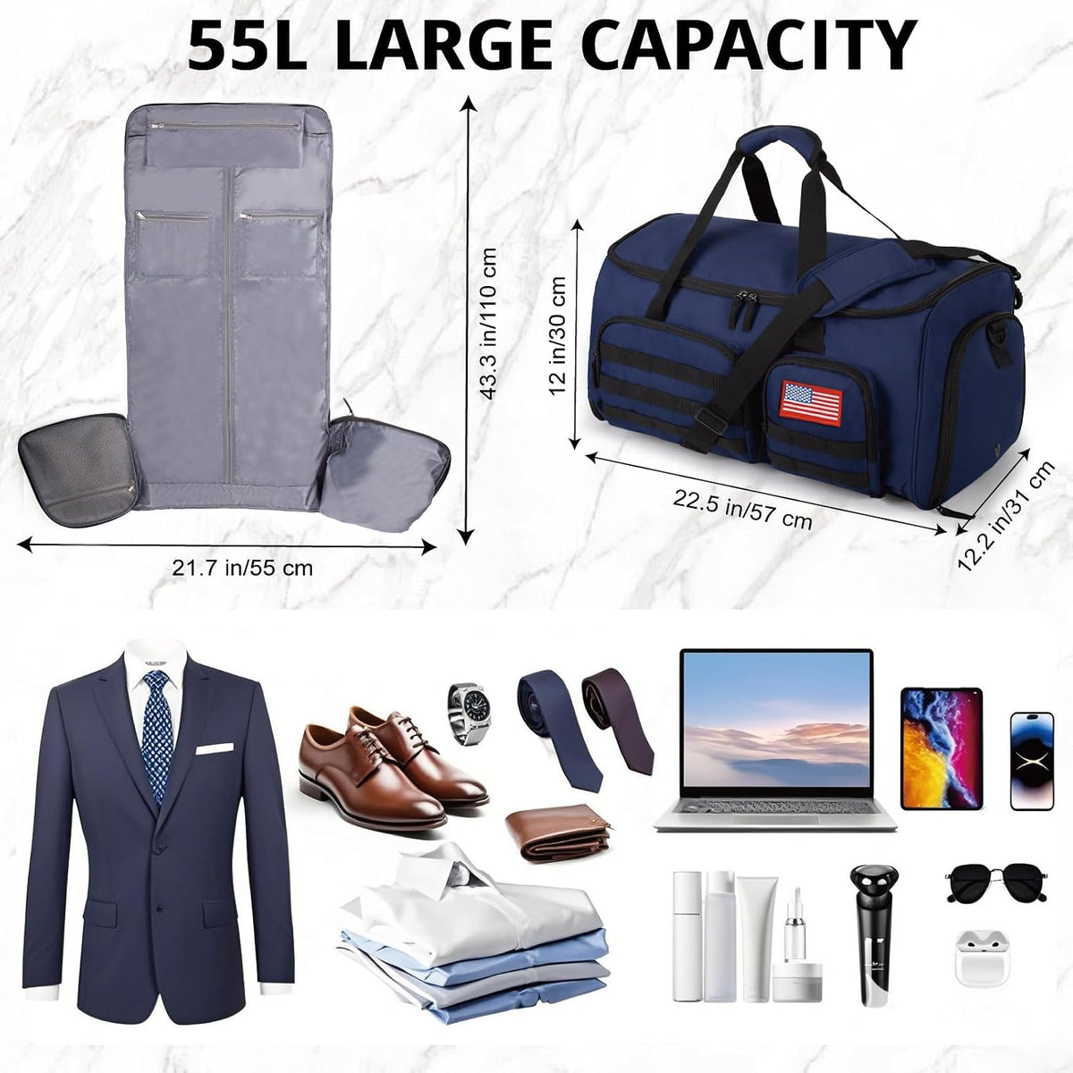 Duffle Bag for Men,Tactical Duffle Bags for Travel,55L Large Capacity Convertible Garment Bag With Shoes Compartment, Multi-functional Gym Bags Suit Bag for Traveling Workout Business Trip
