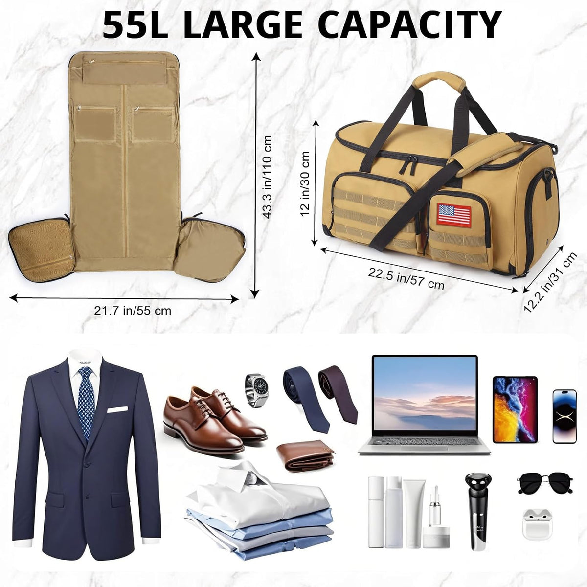 Duffle Bag for Men,Tactical Duffle Bags for Travel,55L Large Capacity Convertible Garment Bag With Shoes Compartment, Multi-functional Gym Bags Suit Bag for Traveling Workout Business Trip