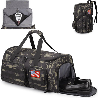 Duffle Bag for Men,Tactical Duffle Bags for Travel,55L Large Capacity Convertible Garment Bag With Shoes Compartment, Multi-functional Gym Bags Suit Bag for Traveling Workout Business Trip