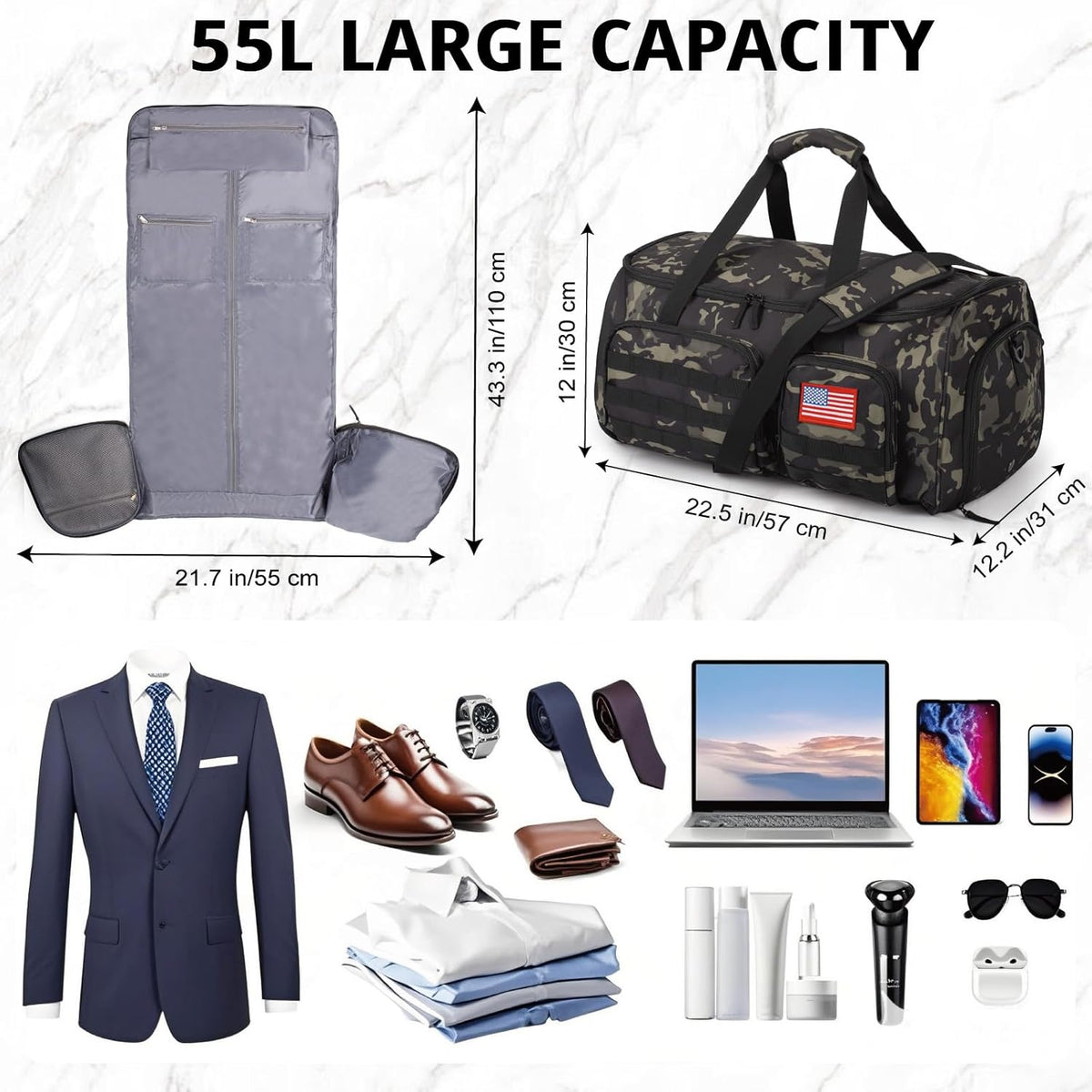 Duffle Bag for Men,Tactical Duffle Bags for Travel,55L Large Capacity Convertible Garment Bag With Shoes Compartment, Multi-functional Gym Bags Suit Bag for Traveling Workout Business Trip