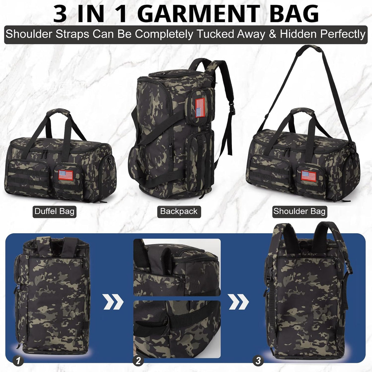 Duffle Bag for Men,Tactical Duffle Bags for Travel,55L Large Capacity Convertible Garment Bag With Shoes Compartment, Multi-functional Gym Bags Suit Bag for Traveling Workout Business Trip