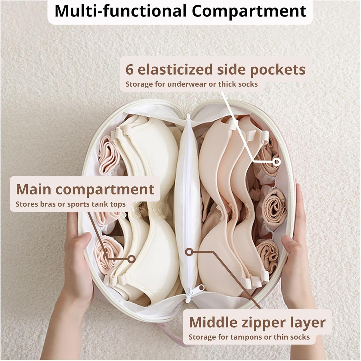 Women's Travel Underwear Organizer Bag, Large Capacity Packing Cube for Bras, Panties and Socks (XL Beige)