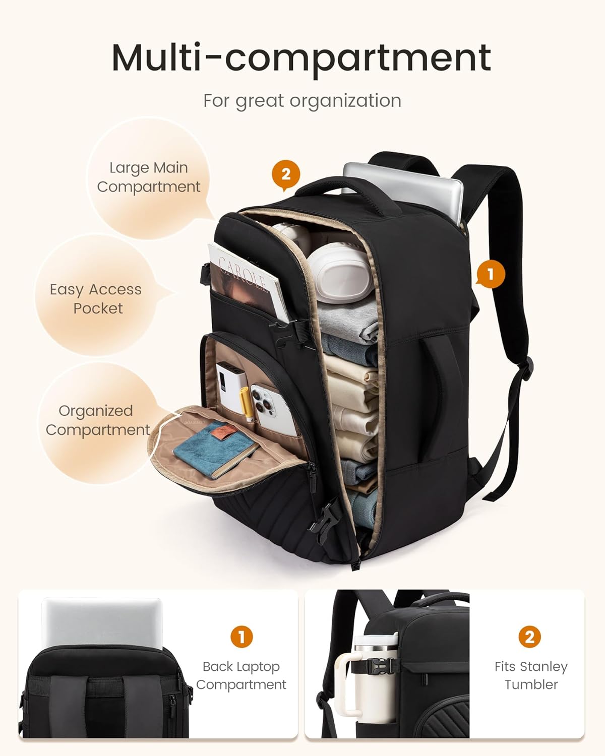 40L Travel Backpack for Women Men, Large Carry on Backpack for Airplanes TSA Personal Item Travel Bag fits 15.6" Laptop, Waterproof Weekender Essentials Airline Approved with 2 Packing Cubes