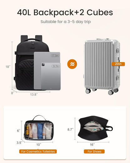 40L Travel Backpack for Women Men, Large Carry on Backpack for Airplanes TSA Personal Item Travel Bag fits 15.6" Laptop, Waterproof Weekender Essentials Airline Approved with 2 Packing Cubes