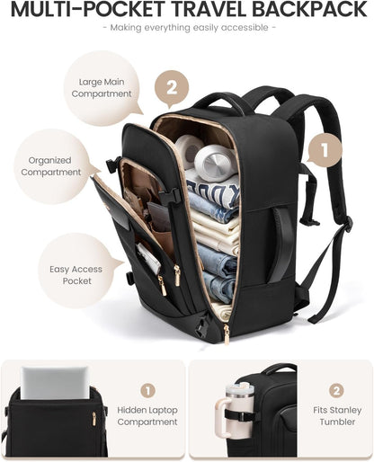 40L Travel Backpack for Women Men, Large Carry on Backpack for Airplanes TSA Personal Item Travel Bag fits 15.6" Laptop, Waterproof Weekender Essentials Airline Approved with 2 Packing Cubes