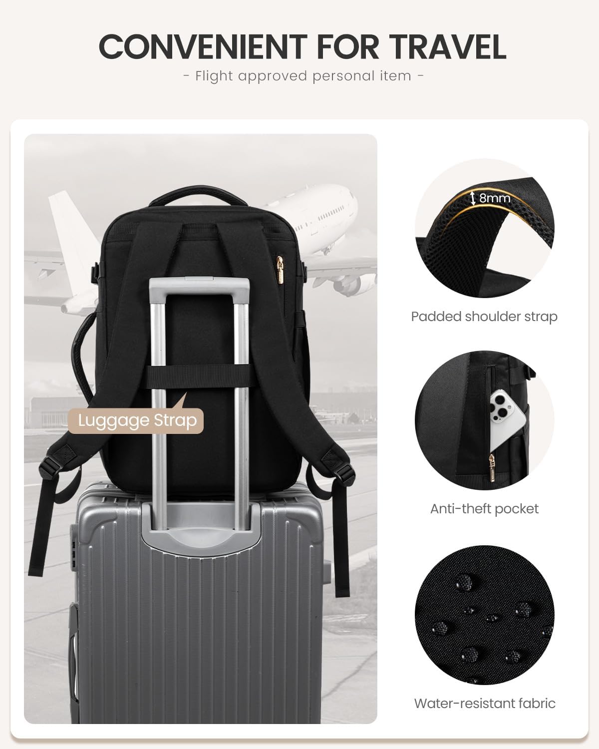 40L Travel Backpack for Women Men, Large Carry on Backpack for Airplanes TSA Personal Item Travel Bag fits 15.6" Laptop, Waterproof Weekender Essentials Airline Approved with 2 Packing Cubes