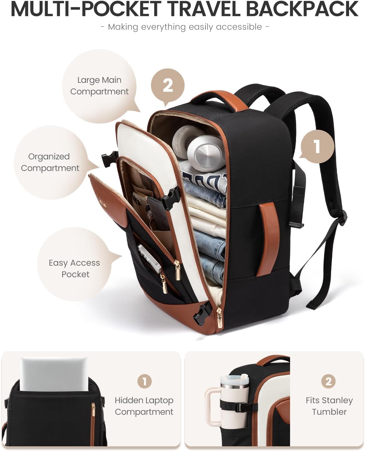 40L Travel Backpack for Women Men, Large Carry on Backpack for Airplanes TSA Personal Item Travel Bag fits 15.6" Laptop, Waterproof Weekender Essentials Airline Approved with 2 Packing Cubes
