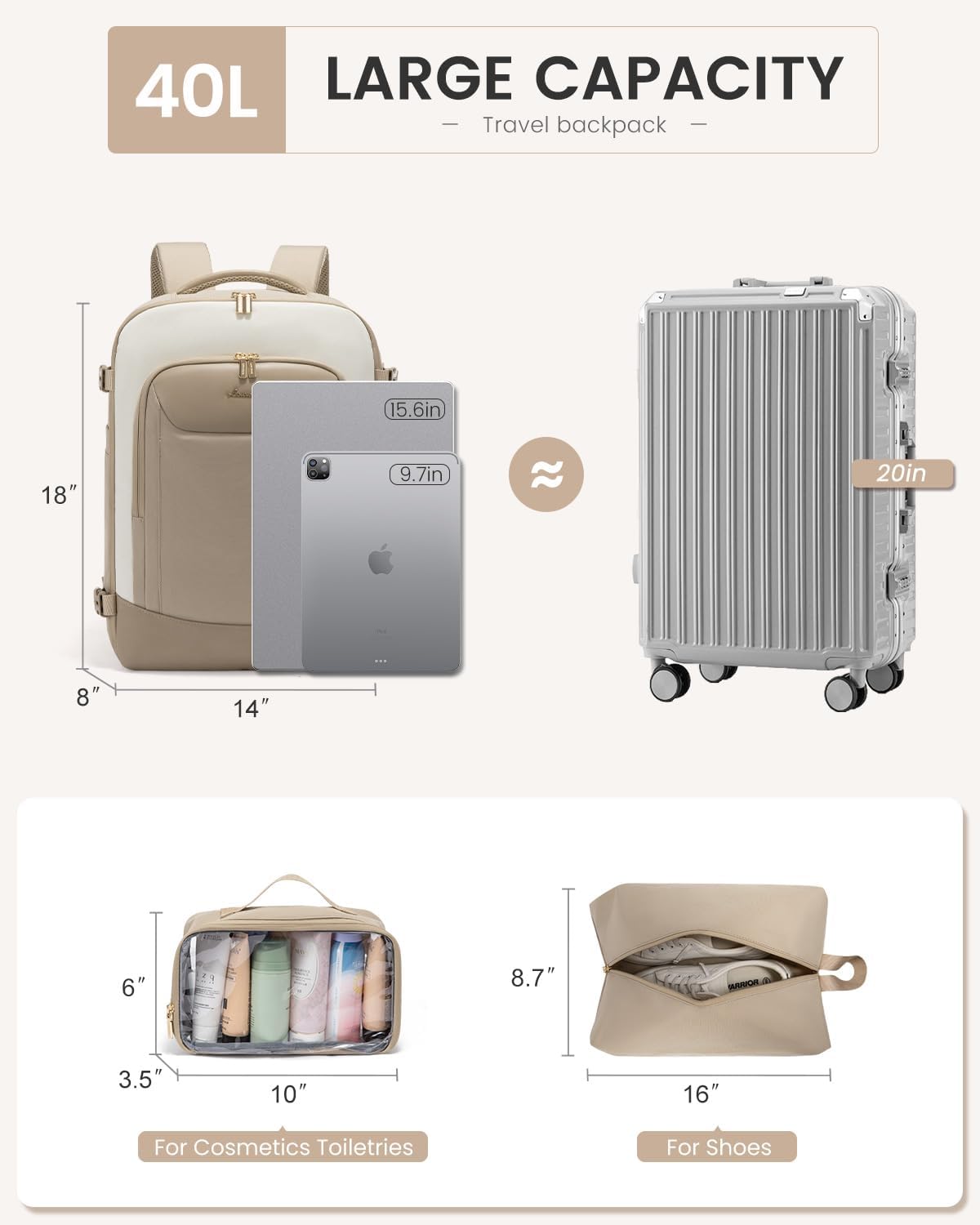 40L Travel Backpack for Women Men, Large Carry on Backpack for Airplanes TSA Personal Item Travel Bag fits 15.6" Laptop, Waterproof Weekender Essentials Airline Approved with 2 Packing Cubes