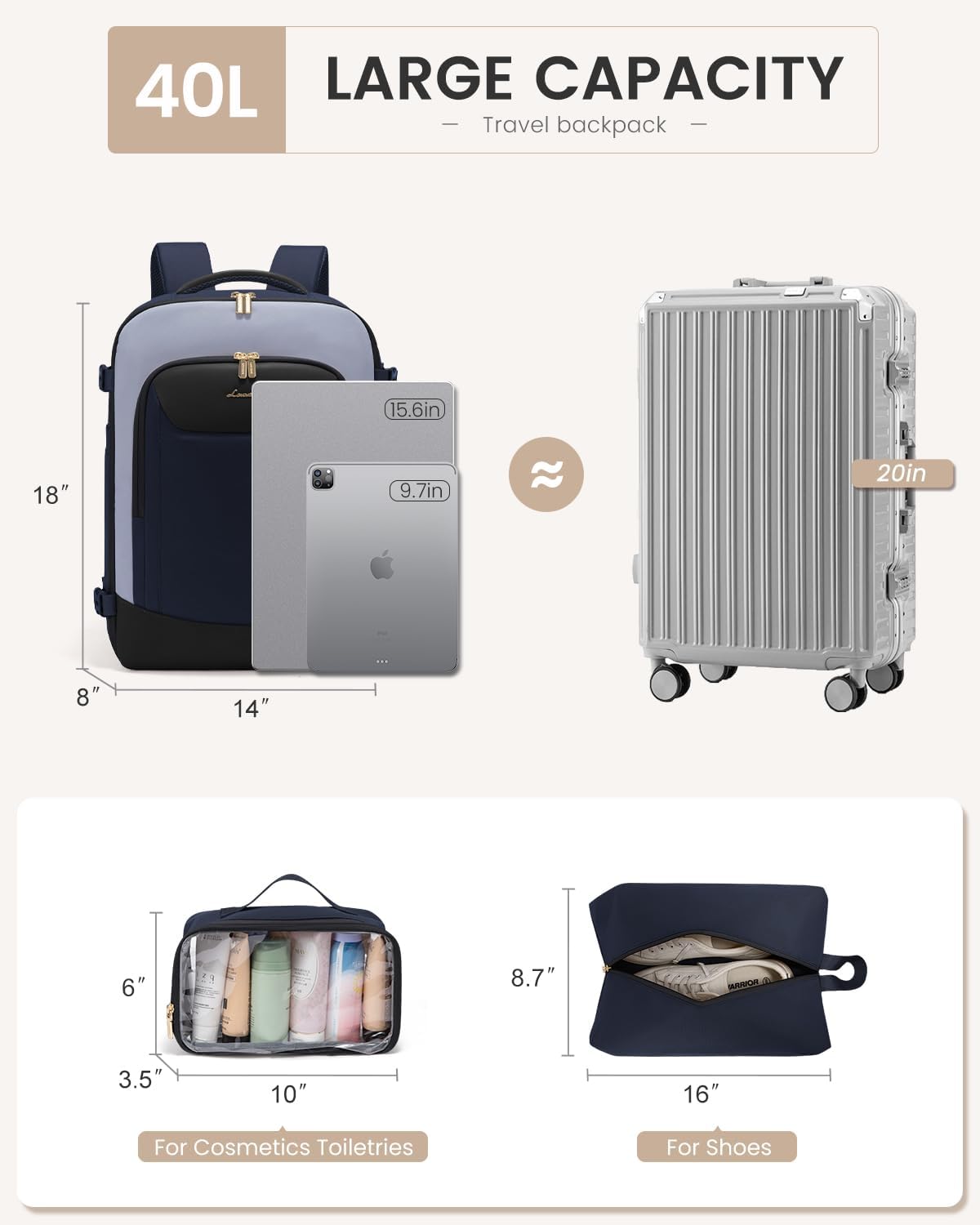 40L Travel Backpack for Women Men, Large Carry on Backpack for Airplanes TSA Personal Item Travel Bag fits 15.6" Laptop, Waterproof Weekender Essentials Airline Approved with 2 Packing Cubes