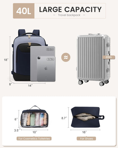 40L Travel Backpack for Women Men, Large Carry on Backpack for Airplanes TSA Personal Item Travel Bag fits 15.6" Laptop, Waterproof Weekender Essentials Airline Approved with 2 Packing Cubes