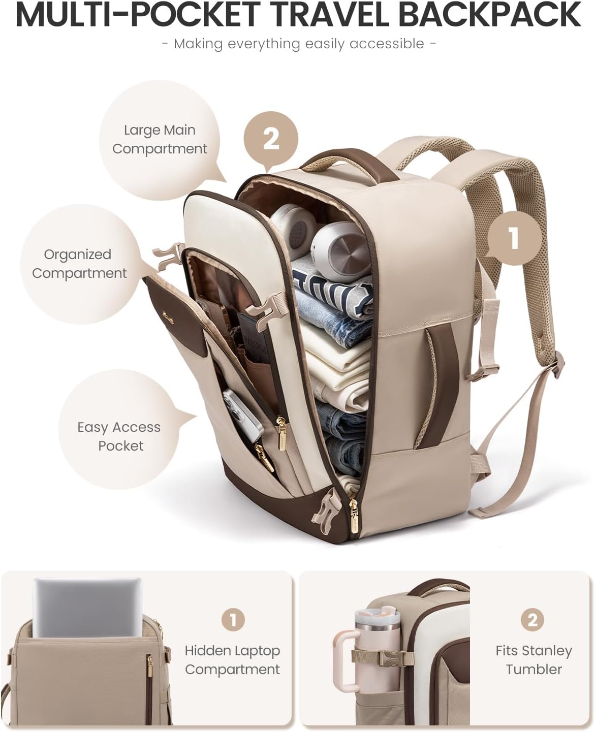 40L Travel Backpack for Women Men, Large Carry on Backpack for Airplanes TSA Personal Item Travel Bag fits 15.6" Laptop, Waterproof Weekender Essentials Airline Approved with 2 Packing Cubes