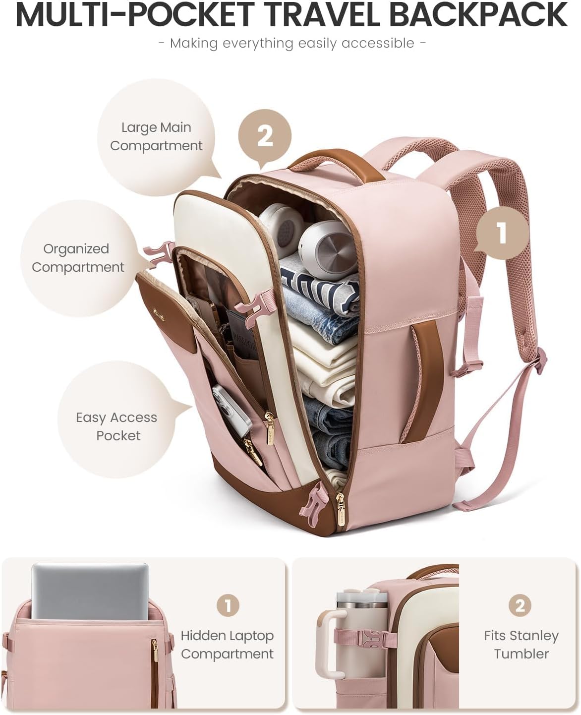 40L Travel Backpack for Women Men, Large Carry on Backpack for Airplanes TSA Personal Item Travel Bag fits 15.6" Laptop, Waterproof Weekender Essentials Airline Approved with 2 Packing Cubes