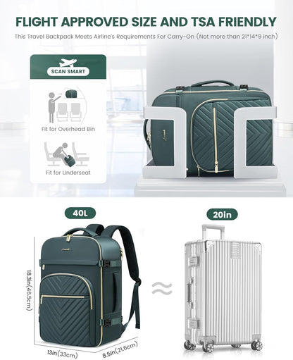 40L Travel Backpack for Women Men, Large Carry on Backpack for Airplanes TSA Personal Item Travel Bag fits 15.6" Laptop, Waterproof Weekender Essentials Airline Approved with 2 Packing Cubes