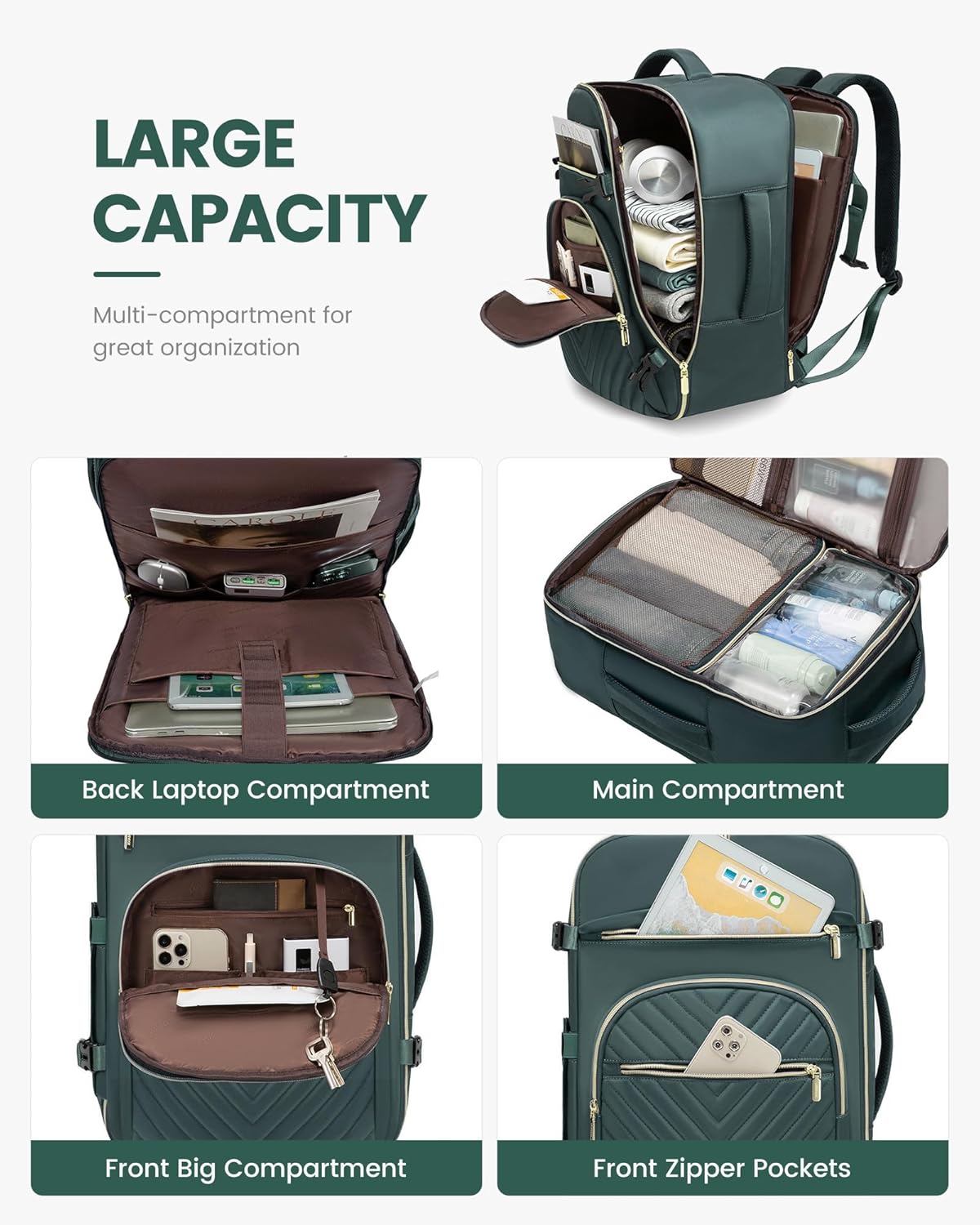 40L Travel Backpack for Women Men, Large Carry on Backpack for Airplanes TSA Personal Item Travel Bag fits 15.6" Laptop, Waterproof Weekender Essentials Airline Approved with 2 Packing Cubes