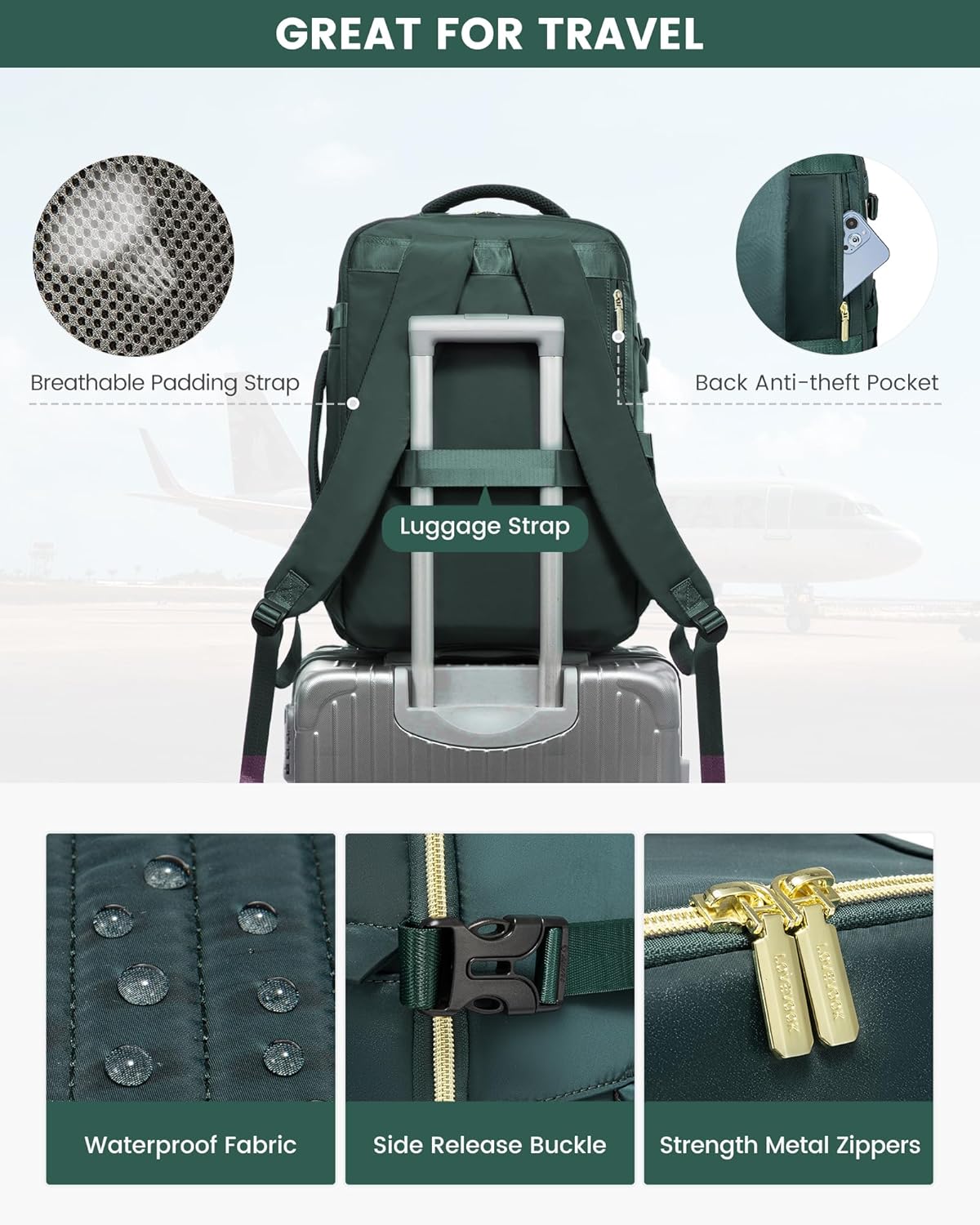 40L Travel Backpack for Women Men, Large Carry on Backpack for Airplanes TSA Personal Item Travel Bag fits 15.6" Laptop, Waterproof Weekender Essentials Airline Approved with 2 Packing Cubes