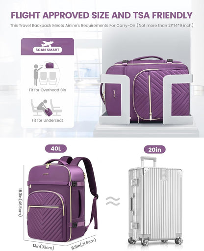 40L Travel Backpack for Women Men, Large Carry on Backpack for Airplanes TSA Personal Item Travel Bag fits 15.6" Laptop, Waterproof Weekender Essentials Airline Approved with 2 Packing Cubes