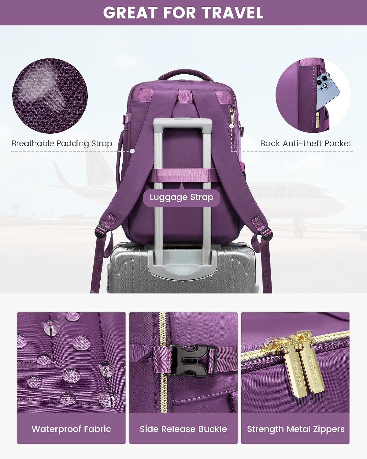 40L Travel Backpack for Women Men, Large Carry on Backpack for Airplanes TSA Personal Item Travel Bag fits 15.6" Laptop, Waterproof Weekender Essentials Airline Approved with 2 Packing Cubes