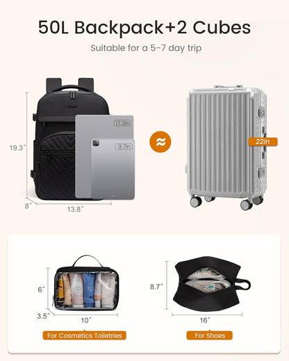 40L Travel Backpack for Women Men, Large Carry on Backpack for Airplanes TSA Personal Item Travel Bag fits 15.6" Laptop, Waterproof Weekender Essentials Airline Approved with 2 Packing Cubes