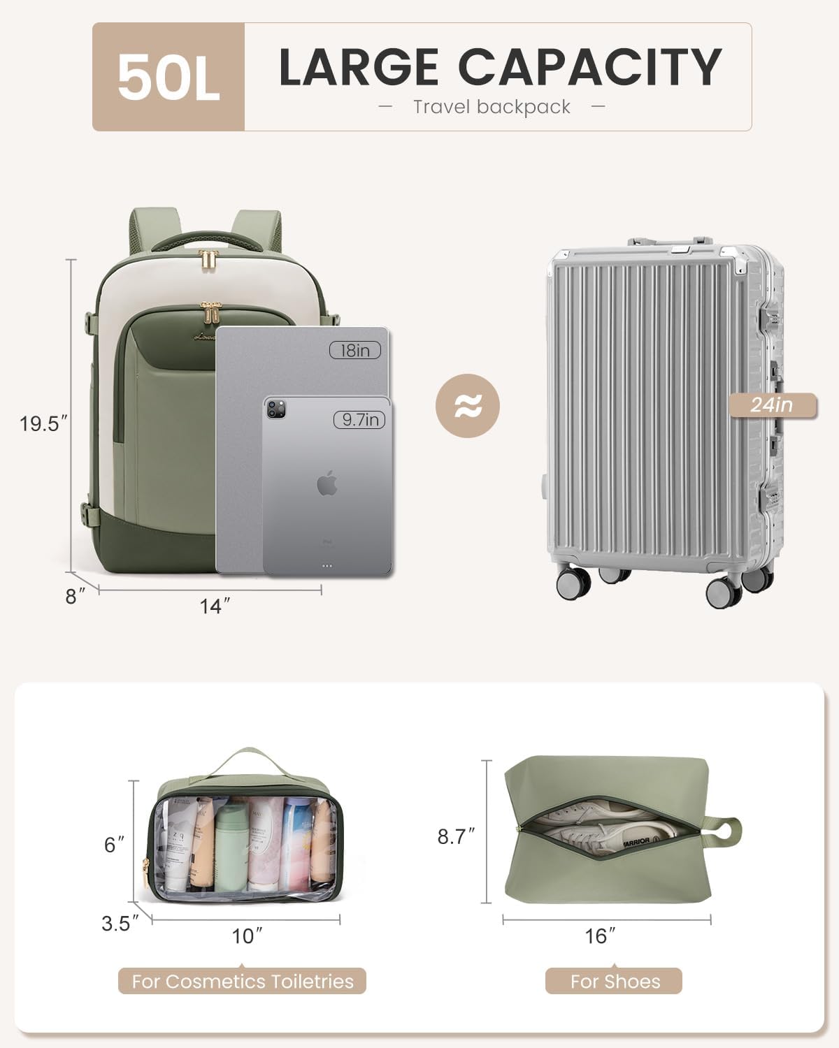 40L Travel Backpack for Women Men, Large Carry on Backpack for Airplanes TSA Personal Item Travel Bag fits 15.6" Laptop, Waterproof Weekender Essentials Airline Approved with 2 Packing Cubes