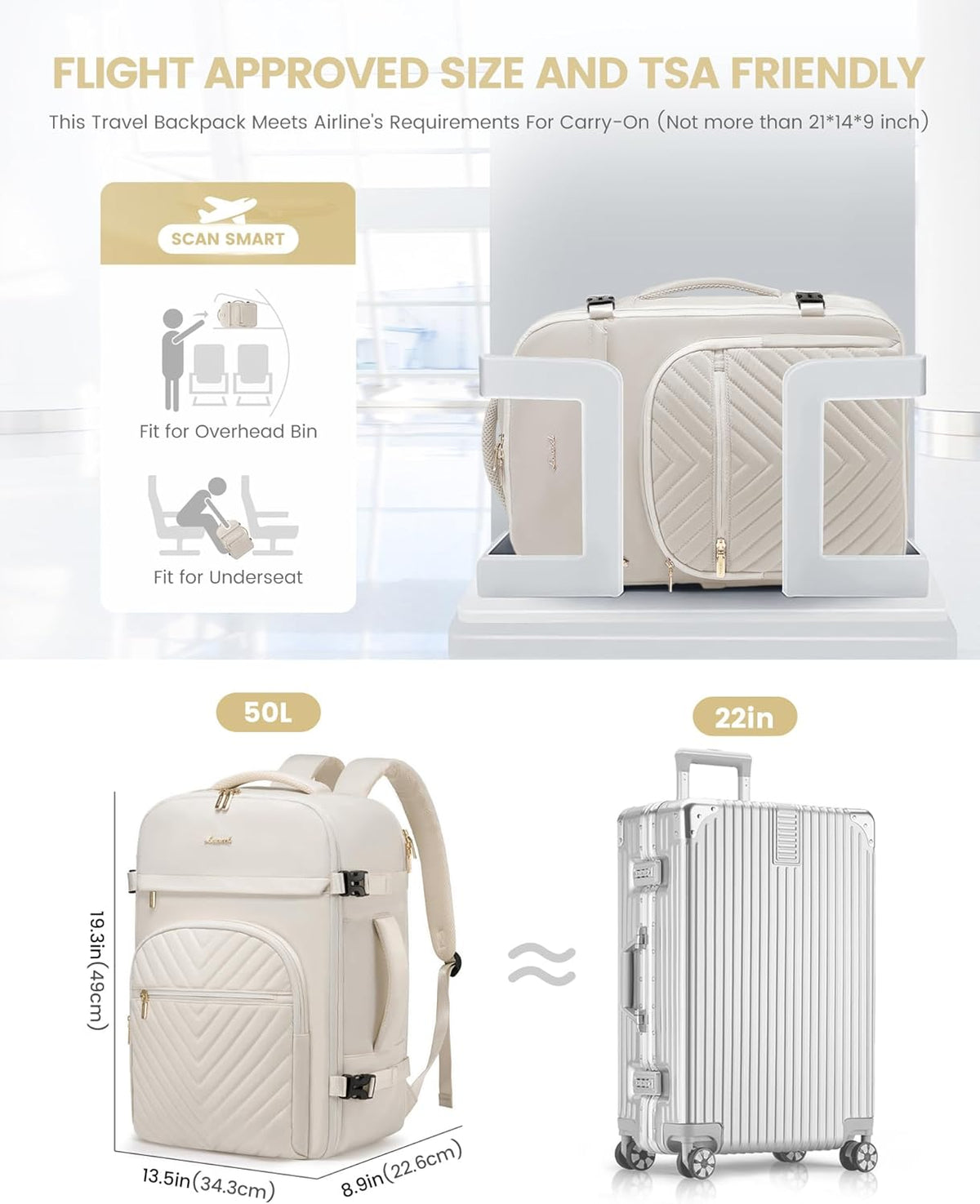 40L Travel Backpack for Women Men, Large Carry on Backpack for Airplanes TSA Personal Item Travel Bag fits 15.6" Laptop, Waterproof Weekender Essentials Airline Approved with 2 Packing Cubes
