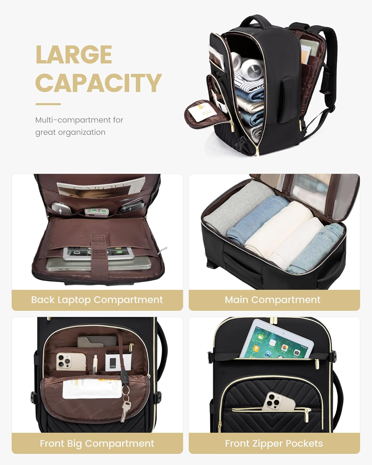 40L Travel Backpack for Women Men, Large Carry on Backpack for Airplanes TSA Personal Item Travel Bag fits 15.6" Laptop, Waterproof Weekender Essentials Airline Approved with 2 Packing Cubes