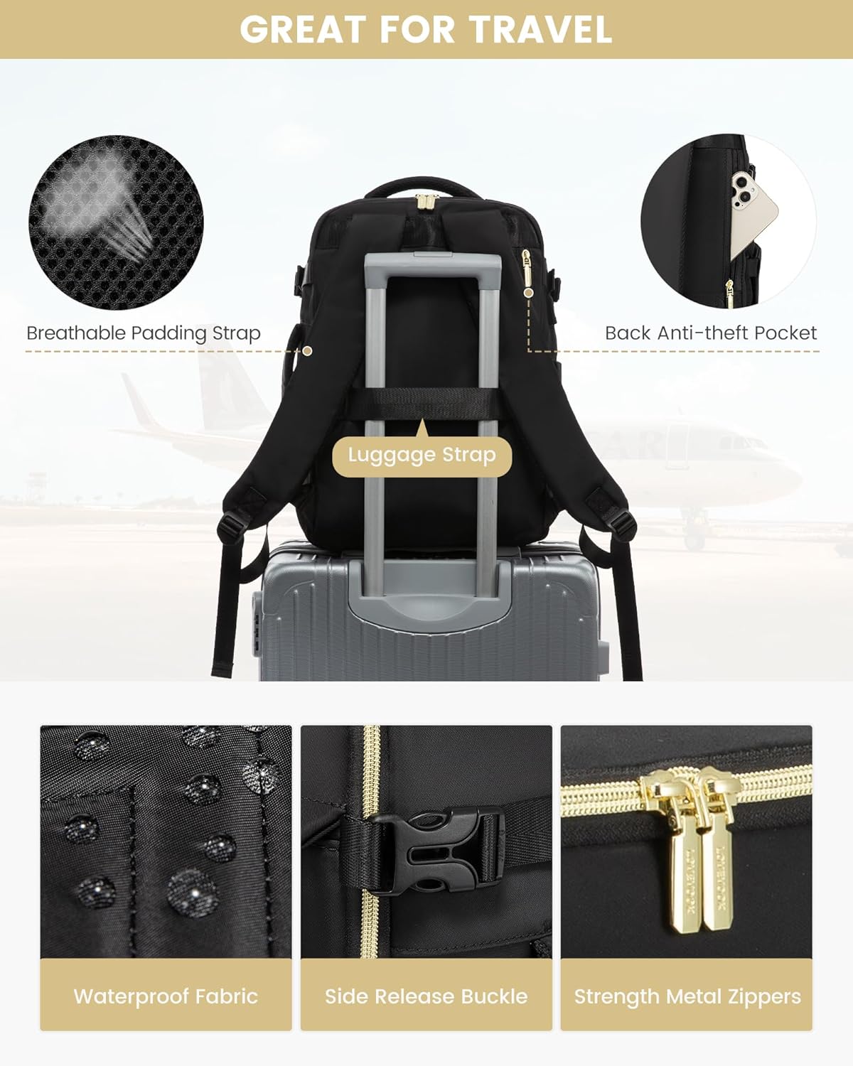 40L Travel Backpack for Women Men, Large Carry on Backpack for Airplanes TSA Personal Item Travel Bag fits 15.6" Laptop, Waterproof Weekender Essentials Airline Approved with 2 Packing Cubes