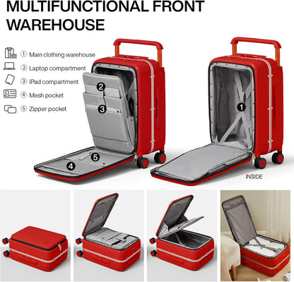 Carry On Luggage 20'' Suitcase with Front Laptop Pocket, Wide Handle Rolling Travel Suitcases PC Hardshell with Aluminum Frame Spinner Wheels & TSA Lock, Carry-On Luggage(Smoke White)
