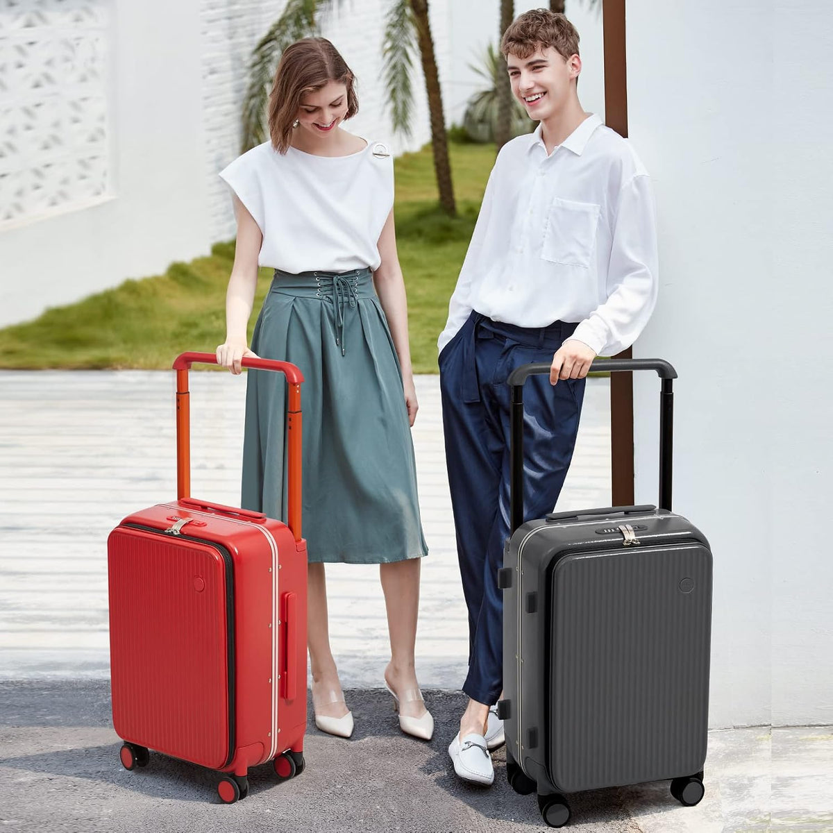 Carry On Luggage 20'' Suitcase with Front Laptop Pocket, Wide Handle Rolling Travel Suitcases PC Hardshell with Aluminum Frame Spinner Wheels & TSA Lock, Carry-On Luggage(Smoke White)