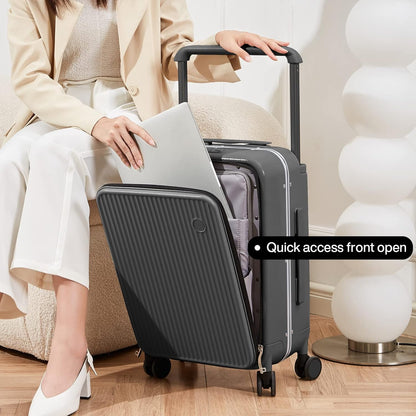 Carry On Luggage 20'' Suitcase with Front Laptop Pocket, Wide Handle Rolling Travel Suitcases PC Hardshell with Aluminum Frame Spinner Wheels & TSA Lock, Carry-On Luggage(Smoke White)