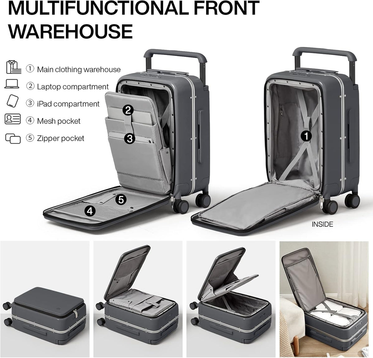 Carry On Luggage 20'' Suitcase with Front Laptop Pocket, Wide Handle Rolling Travel Suitcases PC Hardshell with Aluminum Frame Spinner Wheels & TSA Lock, Carry-On Luggage(Smoke White)