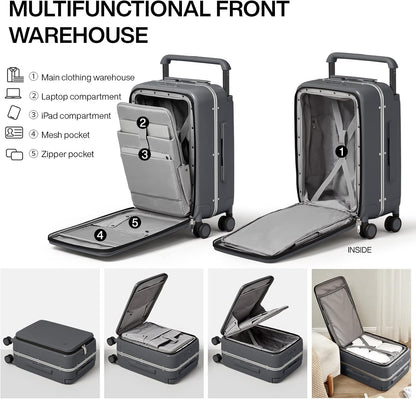 Carry On Luggage 20'' Suitcase with Front Laptop Pocket, Wide Handle Rolling Travel Suitcases PC Hardshell with Aluminum Frame Spinner Wheels & TSA Lock, Carry-On Luggage(Smoke White)