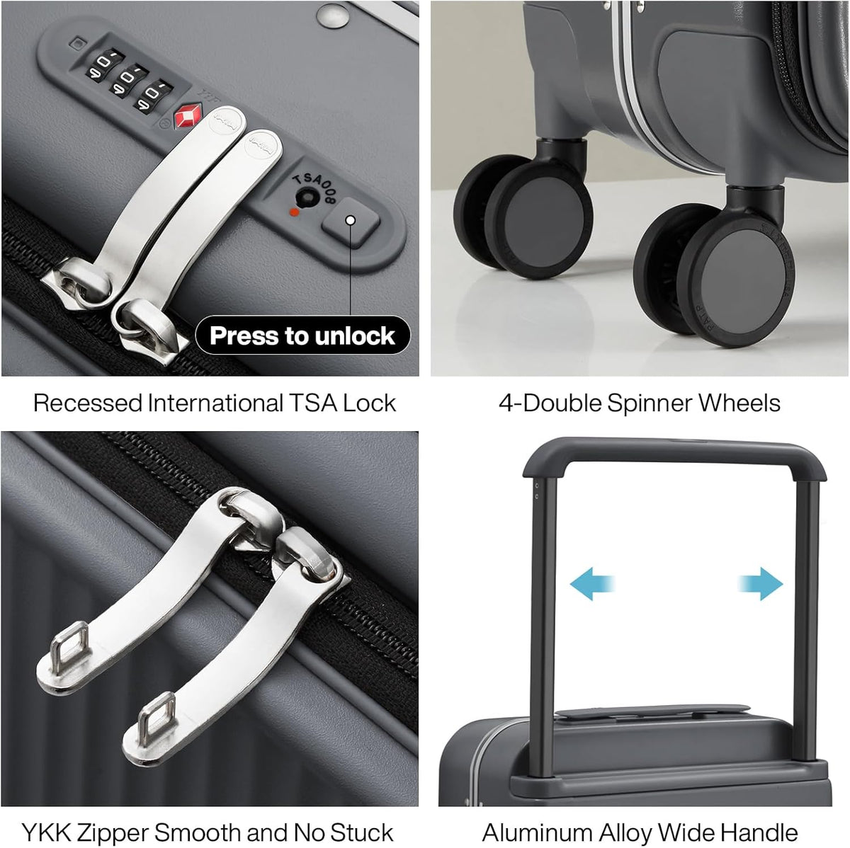 Carry On Luggage 20'' Suitcase with Front Laptop Pocket, Wide Handle Rolling Travel Suitcases PC Hardshell with Aluminum Frame Spinner Wheels & TSA Lock, Carry-On Luggage(Smoke White)