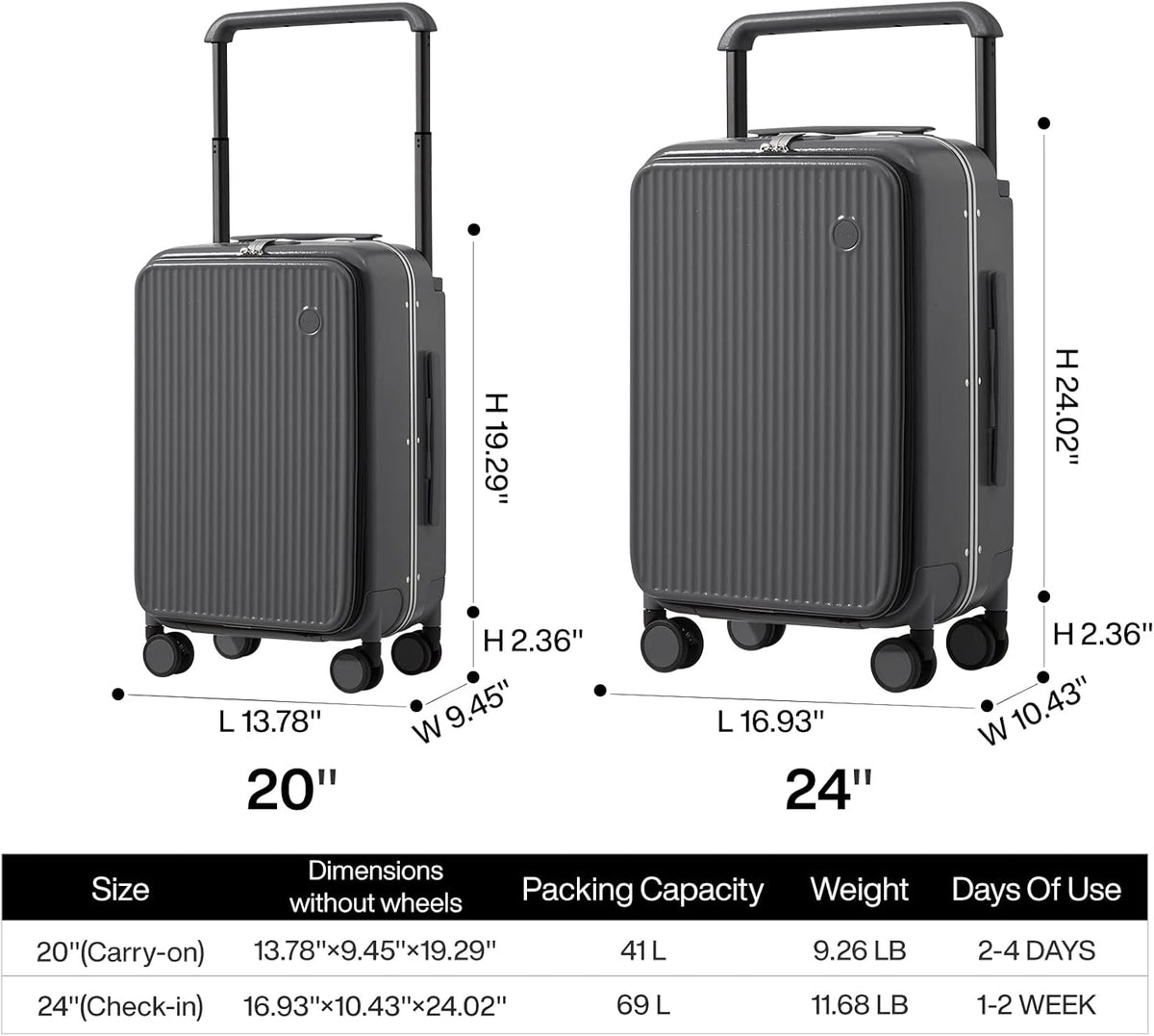Carry On Luggage 20'' Suitcase with Front Laptop Pocket, Wide Handle Rolling Travel Suitcases PC Hardshell with Aluminum Frame Spinner Wheels & TSA Lock, Carry-On Luggage(Smoke White)