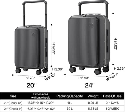 Carry On Luggage 20'' Suitcase with Front Laptop Pocket, Wide Handle Rolling Travel Suitcases PC Hardshell with Aluminum Frame Spinner Wheels & TSA Lock, Carry-On Luggage(Smoke White)
