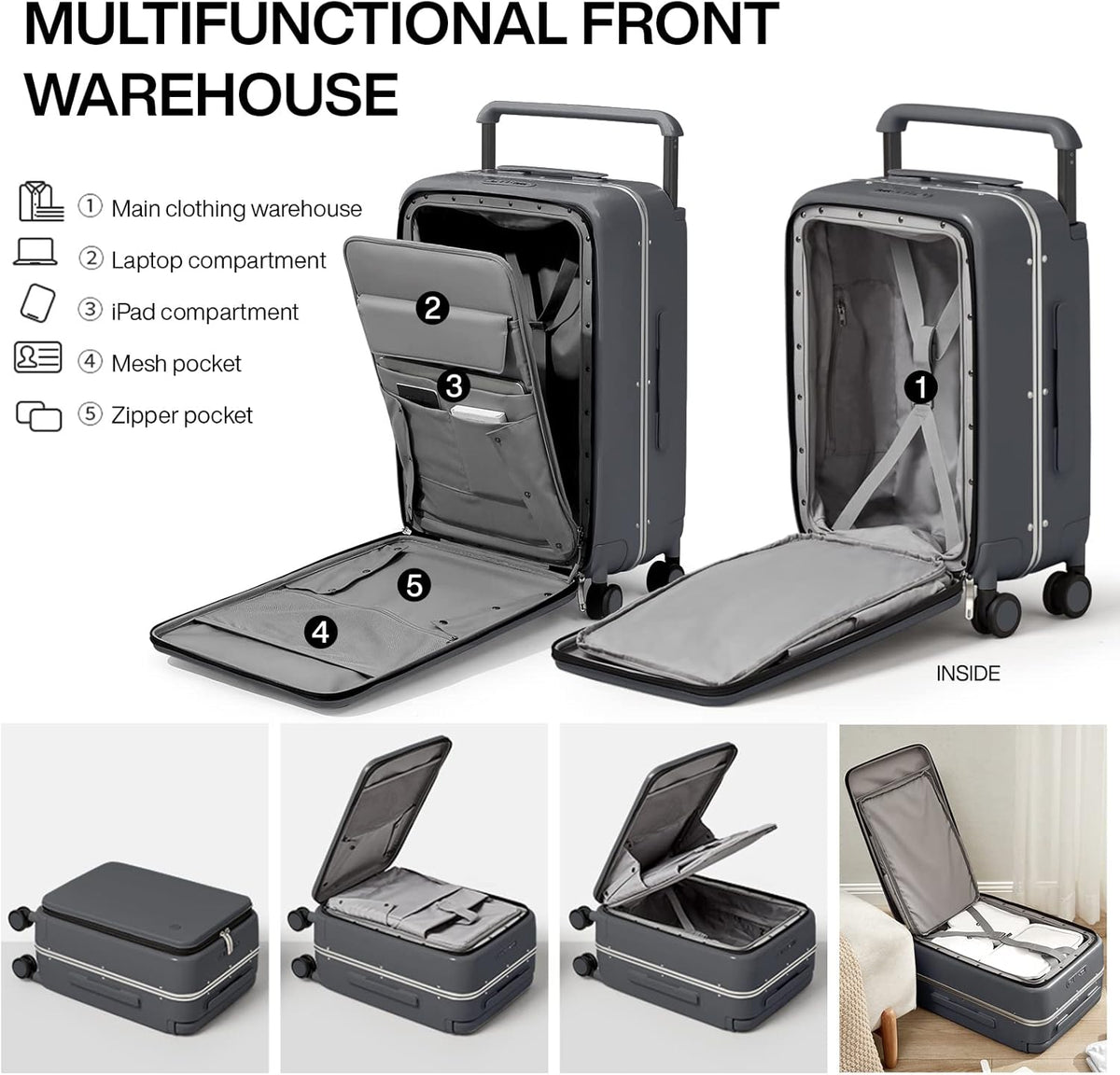 Carry On Luggage 20'' Suitcase with Front Laptop Pocket, Wide Handle Rolling Travel Suitcases PC Hardshell with Aluminum Frame Spinner Wheels & TSA Lock, Carry-On Luggage(Smoke White)