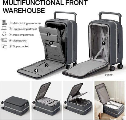 Carry On Luggage 20'' Suitcase with Front Laptop Pocket, Wide Handle Rolling Travel Suitcases PC Hardshell with Aluminum Frame Spinner Wheels & TSA Lock, Carry-On Luggage(Smoke White)