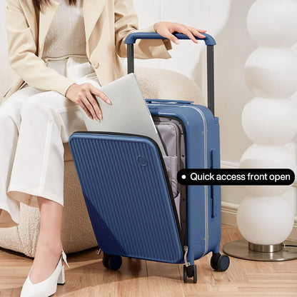 Carry On Luggage 20'' Suitcase with Front Laptop Pocket, Wide Handle Rolling Travel Suitcases PC Hardshell with Aluminum Frame Spinner Wheels & TSA Lock, Carry-On Luggage(Smoke White)