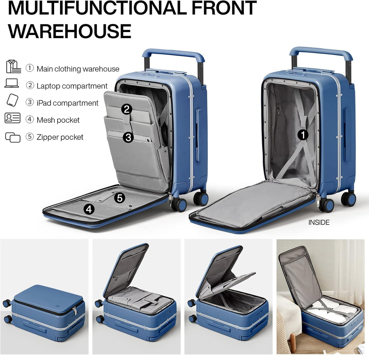 Carry On Luggage 20'' Suitcase with Front Laptop Pocket, Wide Handle Rolling Travel Suitcases PC Hardshell with Aluminum Frame Spinner Wheels & TSA Lock, Carry-On Luggage(Smoke White)