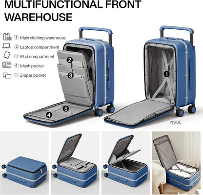 Carry On Luggage 20'' Suitcase with Front Laptop Pocket, Wide Handle Rolling Travel Suitcases PC Hardshell with Aluminum Frame Spinner Wheels & TSA Lock, Carry-On Luggage(Smoke White)