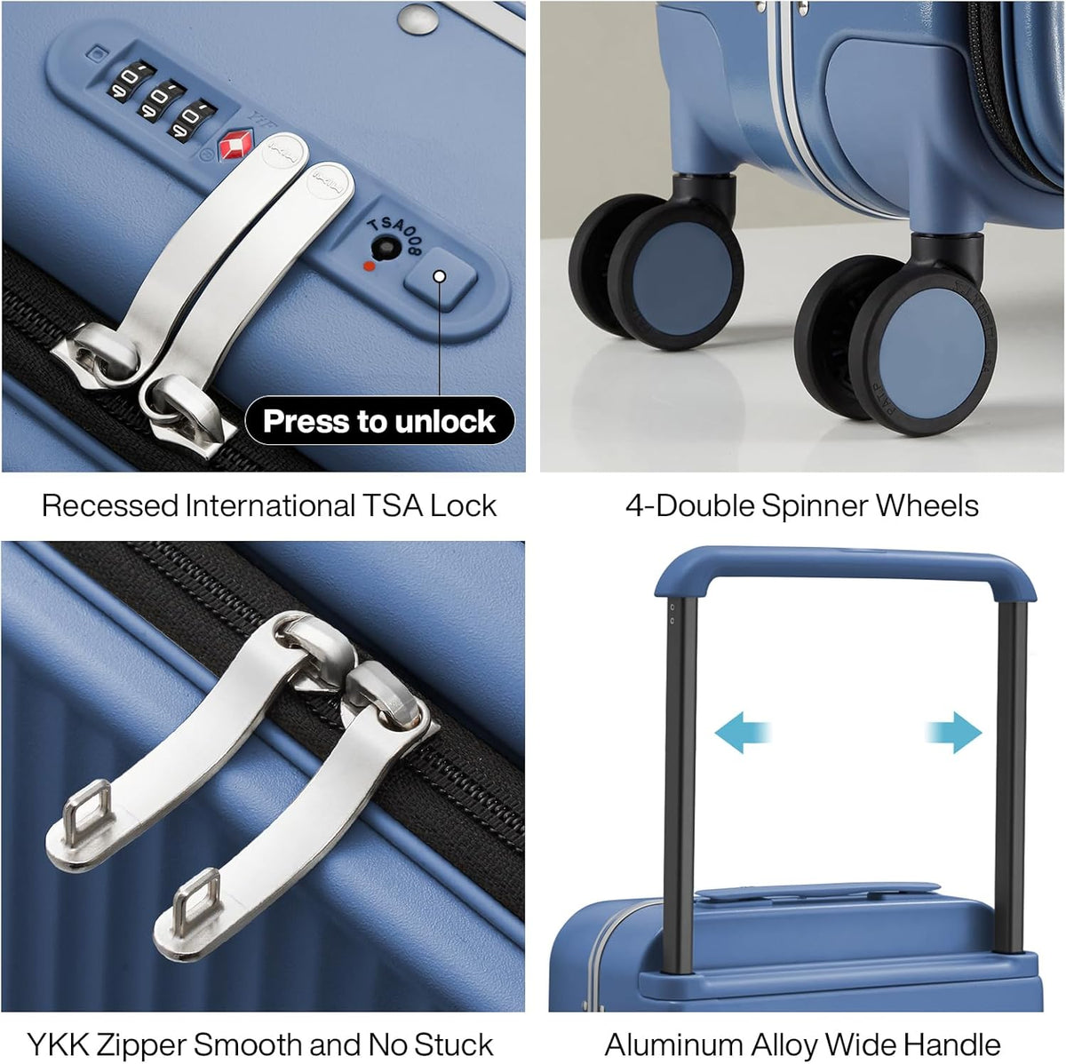 Carry On Luggage 20'' Suitcase with Front Laptop Pocket, Wide Handle Rolling Travel Suitcases PC Hardshell with Aluminum Frame Spinner Wheels & TSA Lock, Carry-On Luggage(Smoke White)