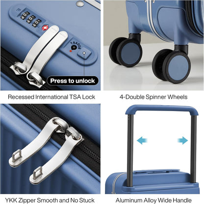 Carry On Luggage 20'' Suitcase with Front Laptop Pocket, Wide Handle Rolling Travel Suitcases PC Hardshell with Aluminum Frame Spinner Wheels & TSA Lock, Carry-On Luggage(Smoke White)