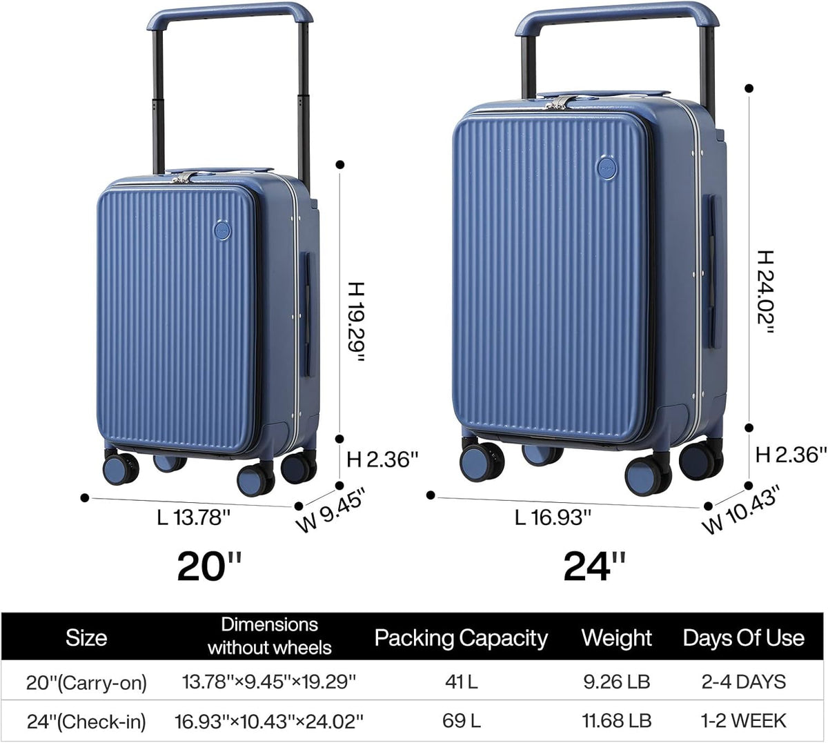 Carry On Luggage 20'' Suitcase with Front Laptop Pocket, Wide Handle Rolling Travel Suitcases PC Hardshell with Aluminum Frame Spinner Wheels & TSA Lock, Carry-On Luggage(Smoke White)