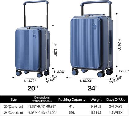 Carry On Luggage 20'' Suitcase with Front Laptop Pocket, Wide Handle Rolling Travel Suitcases PC Hardshell with Aluminum Frame Spinner Wheels & TSA Lock, Carry-On Luggage(Smoke White)