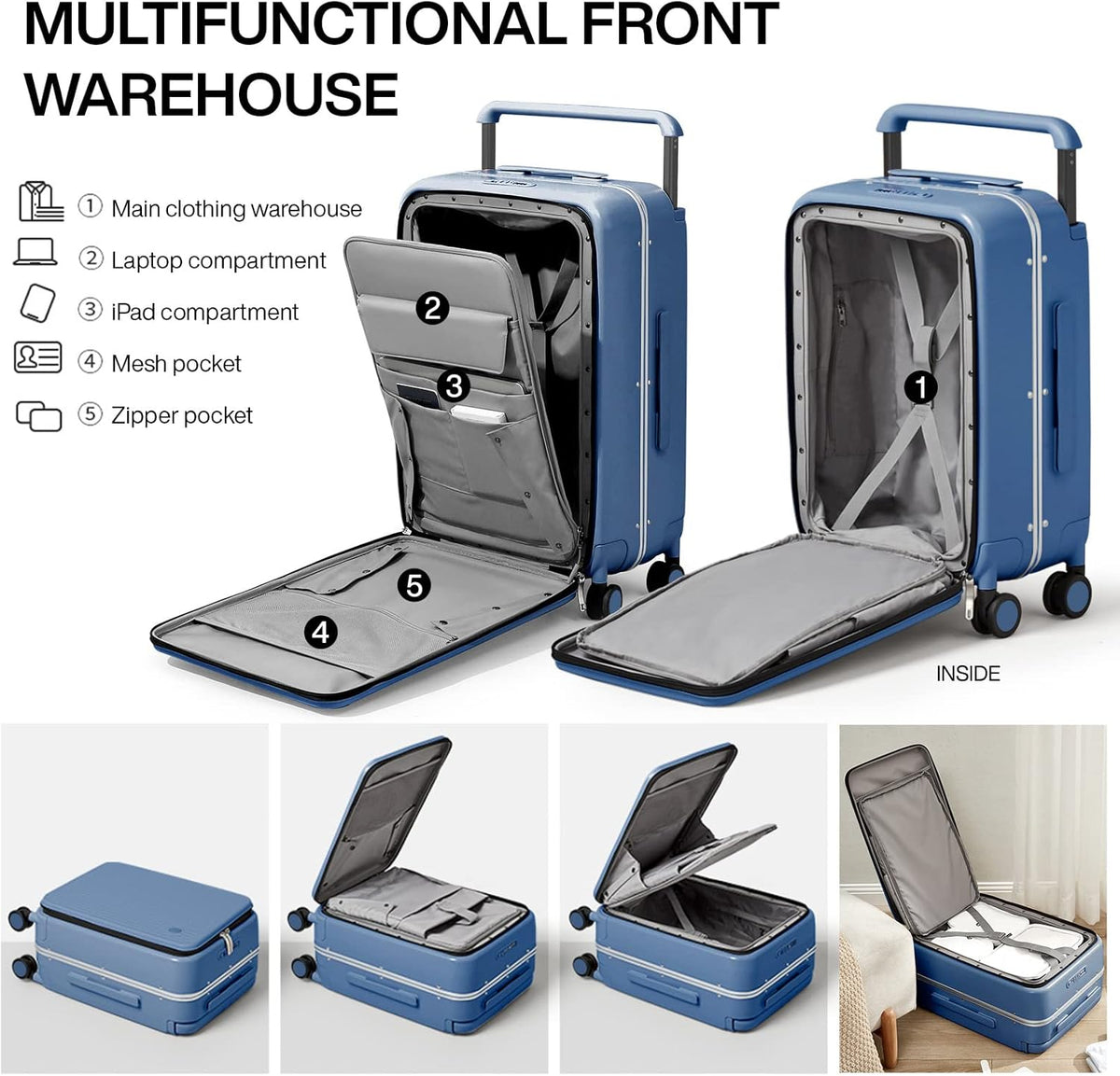 Carry On Luggage 20'' Suitcase with Front Laptop Pocket, Wide Handle Rolling Travel Suitcases PC Hardshell with Aluminum Frame Spinner Wheels & TSA Lock, Carry-On Luggage(Smoke White)