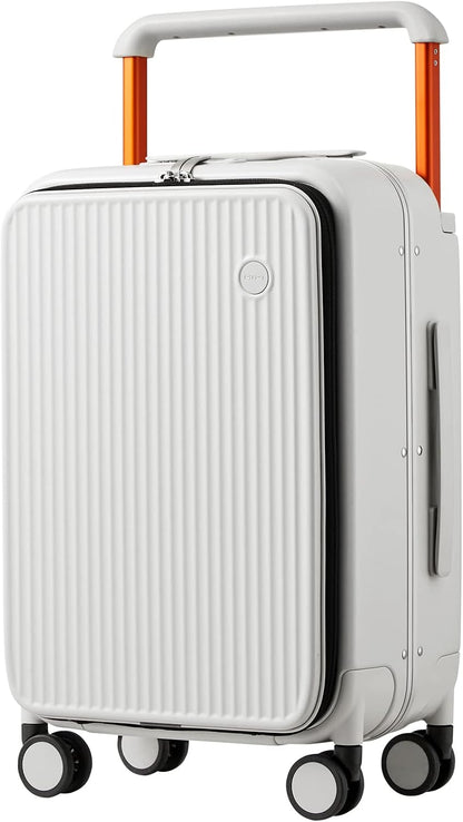 Carry On Luggage 20'' Suitcase with Front Laptop Pocket, Wide Handle Rolling Travel Suitcases PC Hardshell with Aluminum Frame Spinner Wheels & TSA Lock, Carry-On Luggage(Smoke White)