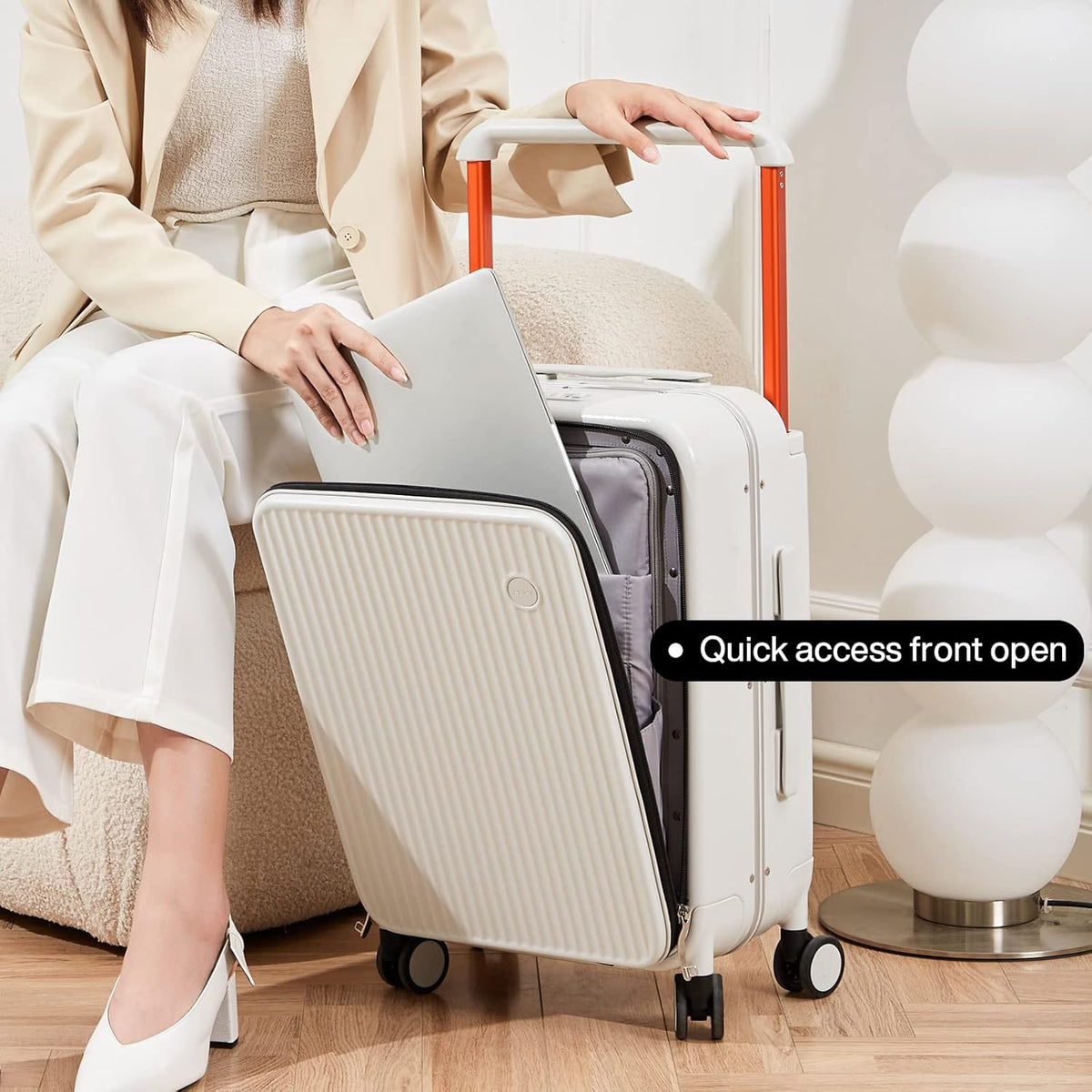 Carry On Luggage 20'' Suitcase with Front Laptop Pocket, Wide Handle Rolling Travel Suitcases PC Hardshell with Aluminum Frame Spinner Wheels & TSA Lock, Carry-On Luggage(Smoke White)