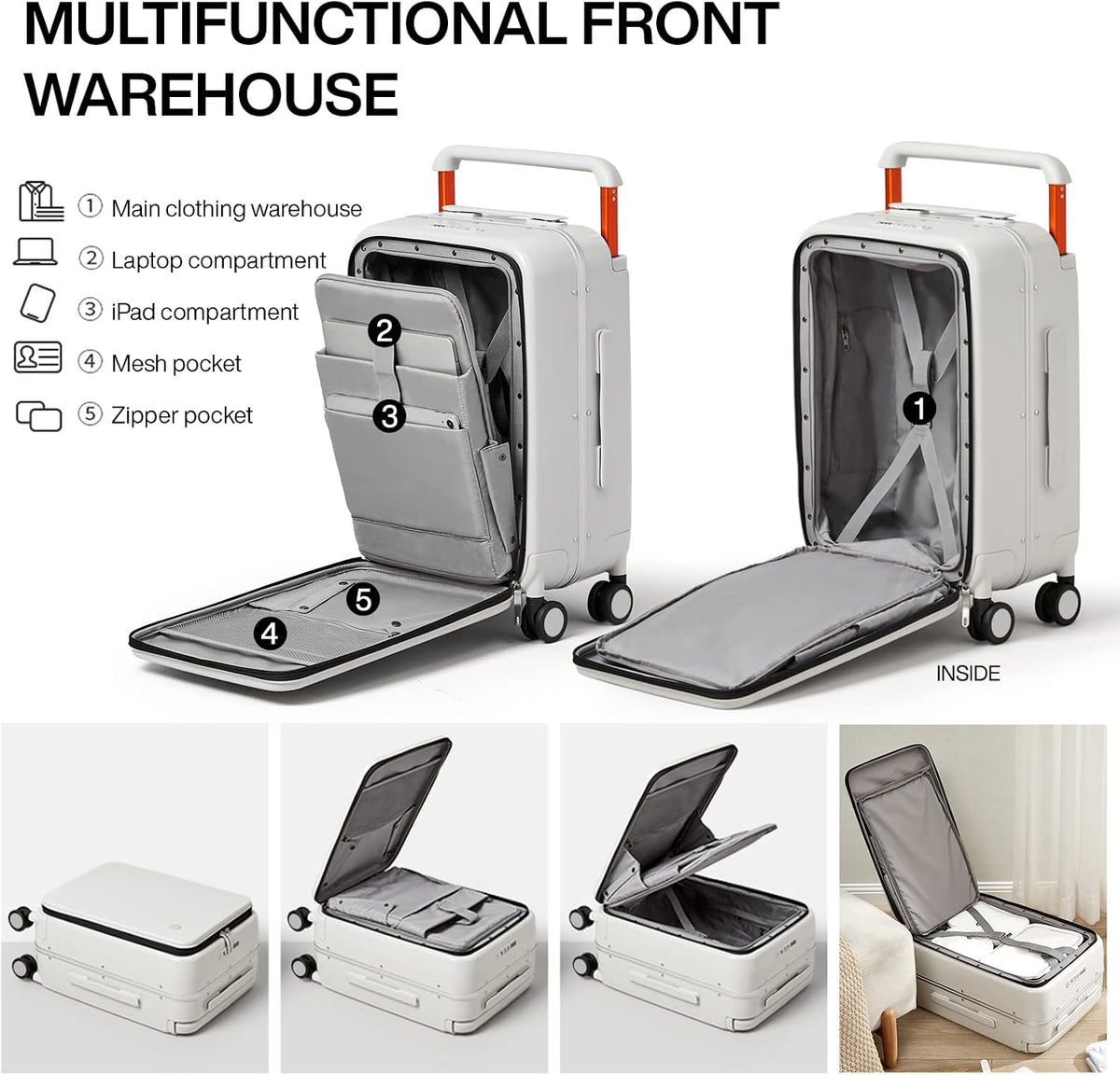 Carry On Luggage 20'' Suitcase with Front Laptop Pocket, Wide Handle Rolling Travel Suitcases PC Hardshell with Aluminum Frame Spinner Wheels & TSA Lock, Carry-On Luggage(Smoke White)