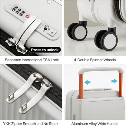 Carry On Luggage 20'' Suitcase with Front Laptop Pocket, Wide Handle Rolling Travel Suitcases PC Hardshell with Aluminum Frame Spinner Wheels & TSA Lock, Carry-On Luggage(Smoke White)