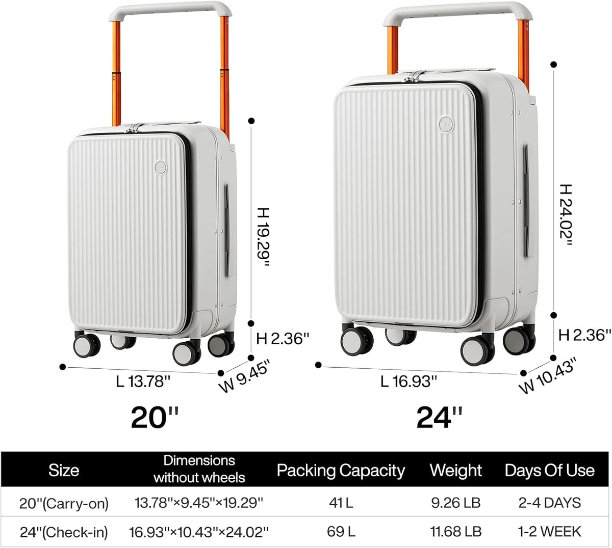 Carry On Luggage 20'' Suitcase with Front Laptop Pocket, Wide Handle Rolling Travel Suitcases PC Hardshell with Aluminum Frame Spinner Wheels & TSA Lock, Carry-On Luggage(Smoke White)